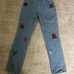 Ragged Stylish Blue Jeans with Colorful Embroidery